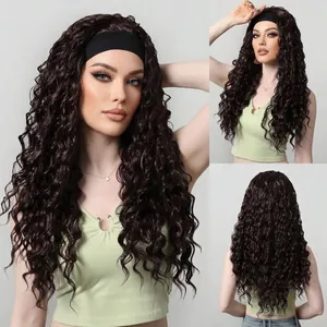 Long curly dark brown wig with black headband shown in front and back views for women