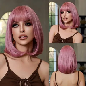 Stylish pink short bob wig with bangs for a natural and breathable summer look