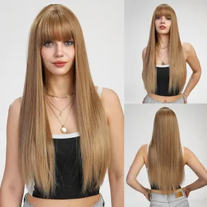 Detailed three-angle view of long straight honey blonde wig with bangs for a natural look.