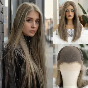 Detailed view of 13x6 lace front wig cap construction with long straight ash brown hair