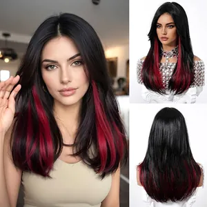 Damen Lange Wellige Synthetische Perücke Natürliches Schwarz Mit Roten Highlights Mittelscheitel Hochgeschichtete Wellige Perücke