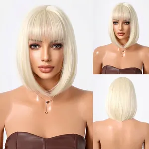 Blonde short straight bob wig with bangs, natural look heat resistant synthetic hair