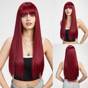 Detailed view of long straight wine red synthetic wig with bangs and sleek texture