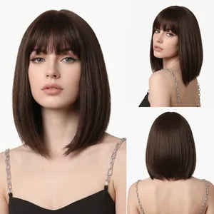 Professional short straight brown bob wig with bangs shown from front and back angles
