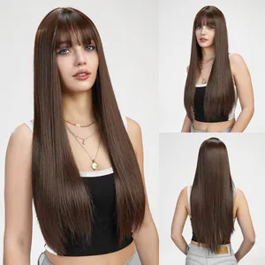 Detailed multi-angle views of long straight dark brown synthetic wig with bangs
