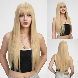 Long straight blonde wig with bangs for women shown in front, side, and back views