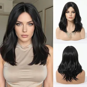 Close-up detail of natural black brown synthetic wavy wig with trendy curtain bangs