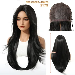 Long straight black hair wig with 26-inch length and breathable interior cap detail