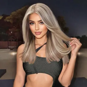 Close-up of ash blonde glueless MONO wig with realistic straight hair texture