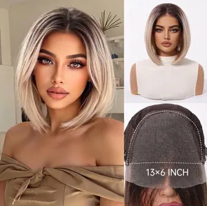 Detailed view of 13x6 lace front wig, shoulder-length straight ombre blonde hair