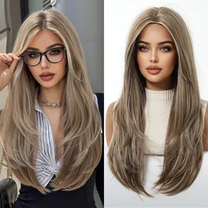 Side by side comparison of long layered ash brown wig on model and mannequin head