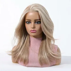 Close-up detail of a premium glueless long straight gradient blonde MONO synthetic wig