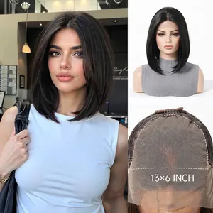 Premium 13x6 Lace Front Black Bob Wig Natural Fluffy Short Synthetic Hairpiece