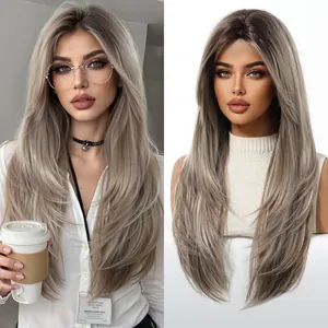 Detail view of long layered straight wig in cool ash blonde with natural texture