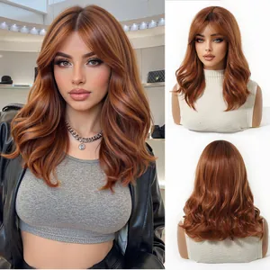 Medium length auburn wavy synthetic wig with curtain bangs shown on model and mannequin