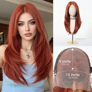 Detailed view of 13x6 lace front wig area with long copper red synthetic hair styling.