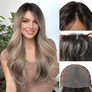 Detail view of glueless MONO wig showing natural parting and ash blonde ombre hair