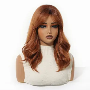 Frontal detail view of a stylish ginger copper wavy wig with soft curtain bangs