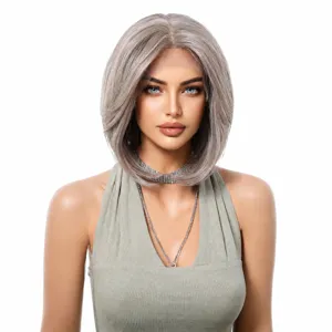 Detailed shot of a 13x6 lace front silver grey bob wig with a natural-looking hairline