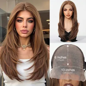 Detail view of 13x6 inch large lace area on long layered brown synthetic wig