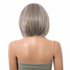 Back view of a sleek silver shoulder-length straight synthetic bob wig on a mannequin