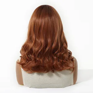 Back view of a medium wavy auburn synthetic wig showing its natural curly texture