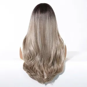 Back view of a long straight glueless ombre blonde synthetic wig with smooth texture