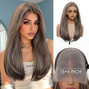 Macro view showing the 13x6 inch lace front detail of long ash brown synthetic wig
