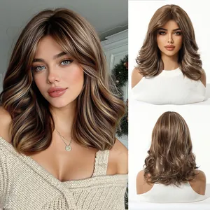 Close-up detail of wavy brown balayage wig with curtain bangs and stylish curls.