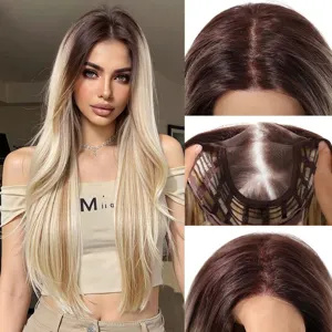 Detailed view of glueless blonde ombre long straight wig with breathable HD lace