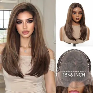 Detail view of a long brown layered lace front wig and its 13x6 lace cap.