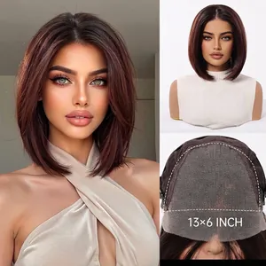 Details of brown synthetic Bob wig featuring 13x6 inch large lace area construction.