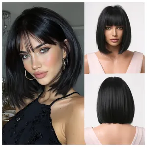 Detailed views showing the front, side and back of a black short straight bob wig with bangs