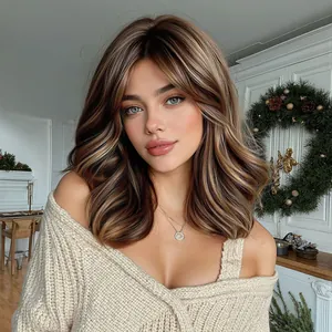 Detail shot of wavy brown ombre wig with highlights and fashionable curtain bangs