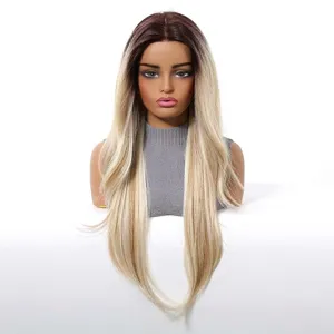 Close-up of a long straight glueless blonde ombre synthetic wig with dark roots