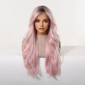 Detailed view of long wavy ombre pink synthetic wig featuring stylish curtain bangs