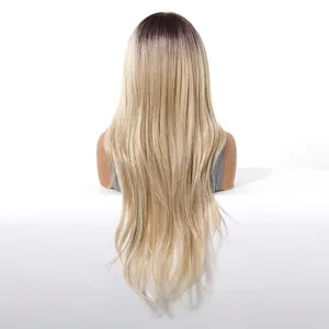 Back view of long ombre blonde straight wig with dark roots and natural texture.