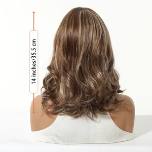 Detailed back view of a 14-inch wavy brown synthetic wig with highlights on a mannequin