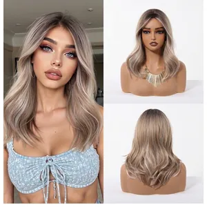 Detailed front and back views of ash blonde wavy synthetic wig with curtain bangs