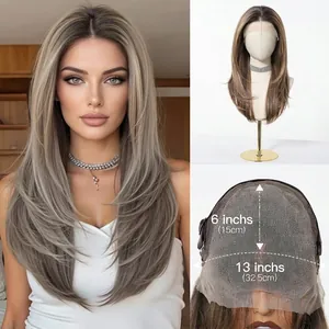 Detail of 13x6 lace front wig cap construction and long layered synthetic hair