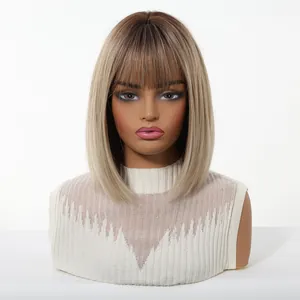 Ombre ash blonde synthetic bob wig with bangs for women, straight shoulder length hair