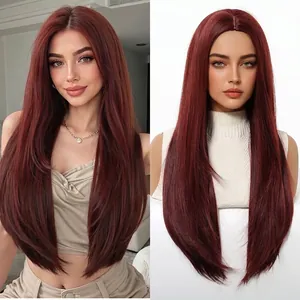 Detailed comparison of a long straight burgundy wig on a real model and a mannequin head