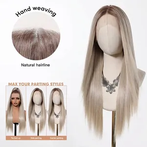 Vue détaillée d'une longue perruque blonde cendrée avec dentelle 13x6 et ligne naturelle