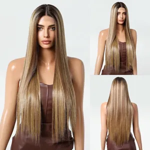 Détails multi-angles de la perruque lace front 13x6, longs cheveux raides blond ombré