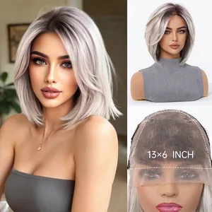 Close-up detail of 13x6 lace front and silver ash blonde bob wig with dark roots