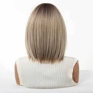 Back view of synthetic ash blonde ombre bob wig with dark roots and straight hair style