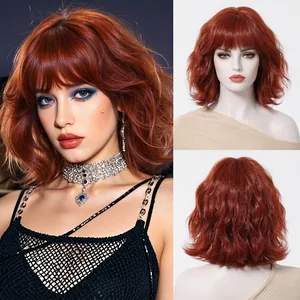 Close-up detail view of a vibrant ginger red wavy bob wig with bangs for women's cosplay.