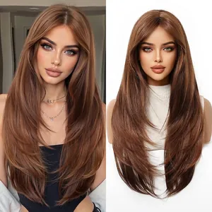 Detailed view of a long layered cold brown straight wig on a model and mannequin