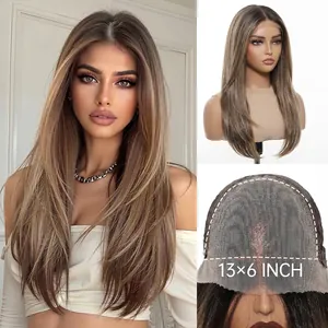 Detailed view of 13x6 inch lace front wig construction and long brown straight hair.