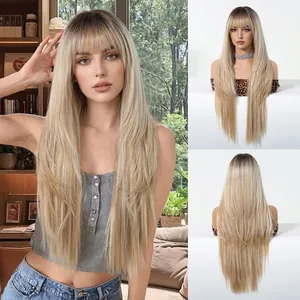 Long straight blonde wig with dark gradient roots and bangs, showing multi-angle views.